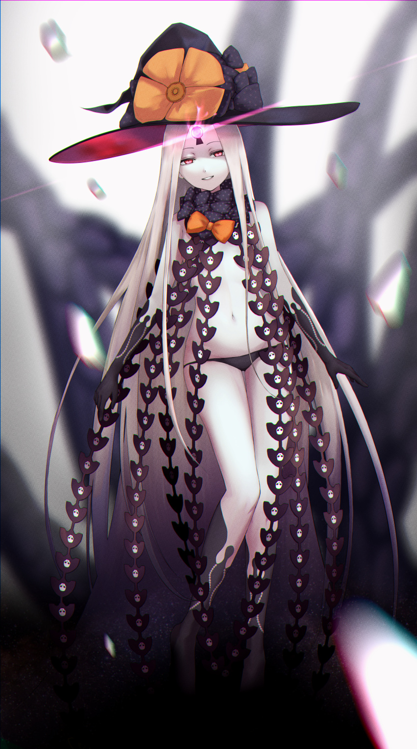 1girl abigail_williams_(fate) abigail_williams_(third_ascension)_(fate) absurdres bangs bare_shoulders black_bow black_headwear black_panties blurry blurry_background bow colored_skin fate/grand_order fate_(series) full_body glowing glowing_eye hat hat_bow highres keyhole kushinaka long_hair looking_at_viewer multiple_hat_bows navel orange_bow pale_skin panties parted_bangs parted_lips pink_eyes polka_dot polka_dot_bow revealing_clothes smile solo third_eye underwear very_long_hair white_hair white_skin witch_hat