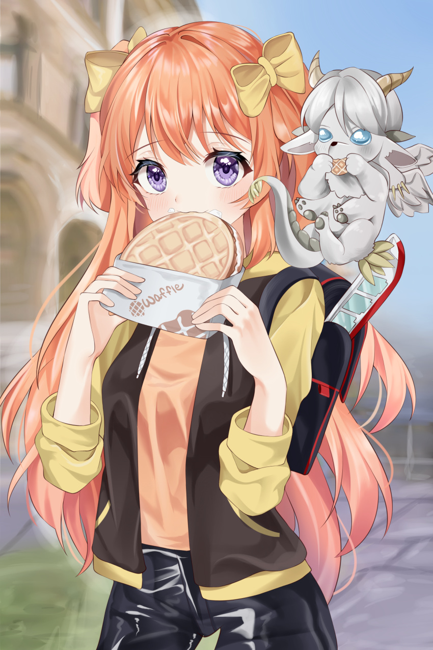 1girl absurdres backpack bag bangs blush bow commission creature eating floating food food_in_mouth food_on_face hair_bow highres holding holding_food hood hoodie kaho_oco latex_pants long_hair looking_at_viewer orange_hair original outdoors purple_eyes solo two_side_up very_long_hair waffle