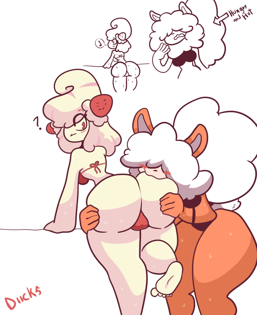 absurd_res alcremie anthro big_butt bikini blush bodily_fluids breasts butt canid canine clothing digital_media_(artwork) diicks duo english_text feet female female/female fingers food food_creature food_hair fruit fur generation_1_pokemon generation_8_pokemon goo_creature growlithe hair hair_over_eyes hi_res hisuian_form hisuian_growlithe huge_butt humanoid mammal nintendo open_mouth orange_body plant pokemon pokemon_(species) pokemon_legends_arceus red_eyes regional_form_(pokemon) simple_background smile soles strawberry sweat swimwear text thick_thighs toes video_games white_background wide_hips