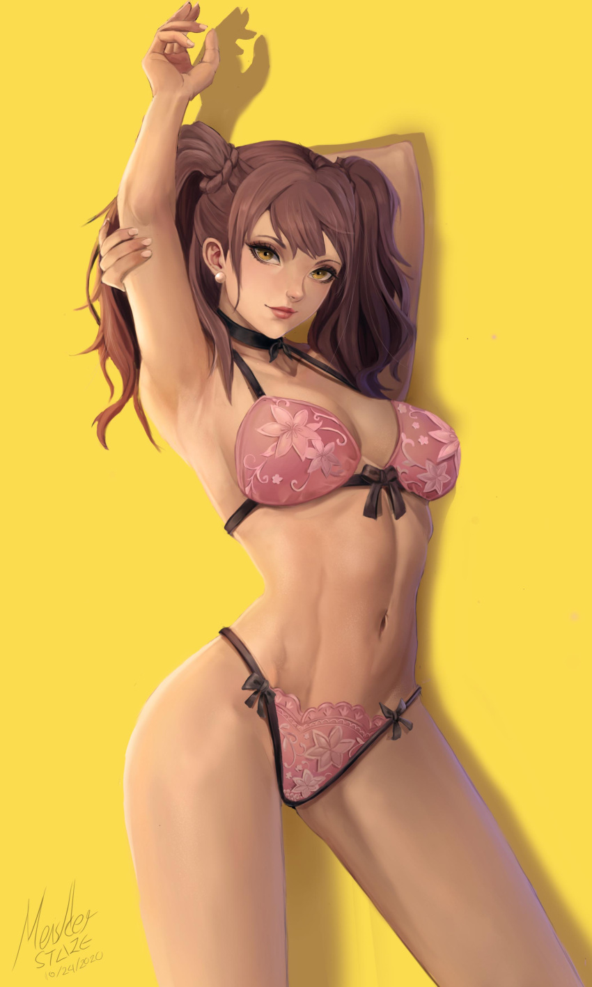 1girl abs absurdres arm_behind_back arm_up black_choker bra breasts brown_hair choker closed_mouth collarbone contrapposto earrings english_commentary fingernails front-tie_bra groin halterneck highres jewelry kujikawa_rise lace-trimmed_bra lace-trimmed_panties lace_trim long_hair looking_at_viewer medium_breasts meister_staze navel panties pearl_earrings persona persona_4 pink_bra pink_panties red_lips shadow short_twintails side-tie_panties simple_background solo stretching thighs twintails underwear yellow_background yellow_eyes