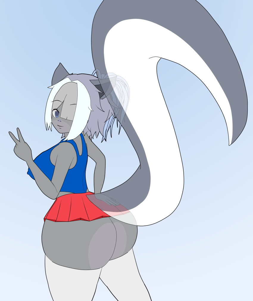 absurd_res anthro big_butt blue_hair bottomwear butt clothing cute_expression elizabeth_(mrschllyay) felid feline female fur gesture grey_body grey_fur hair hair_over_eye hi_res huge_butt hybrid legwear mammal mephitid miniskirt mrschllyay one_eye_obstructed skirt skunk solo thick_tail thigh_highs v_sign wide_hips