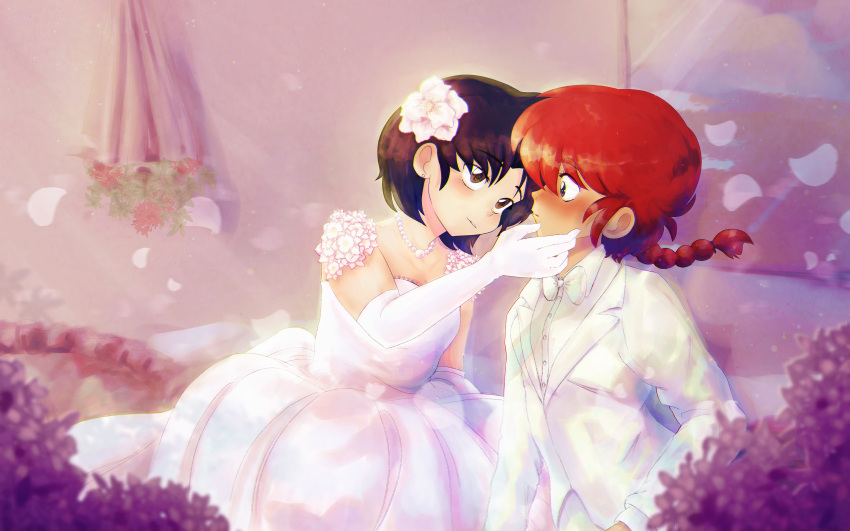 2girls absurdres black_hair blush bow bowtie braid braided_ponytail brown_eyes commentary crossdressing dress earrings english_commentary eye_contact flower formal gloves hair_flower hair_ornament highres jacket jewelry looking_at_another multiple_girls necklace nose_blush pearl_necklace petz5 pink_flower ranma-chan ranma_1/2 red_flower red_hair short_hair single_braid suit suit_jacket tendou_akane tuxedo upturned_eyes wedding wedding_dress white_bow white_bowtie white_dress white_flower white_gloves white_jacket white_suit yuri