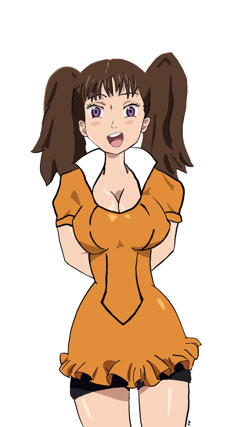 absurdres bangs black_shorts bodysuit breasts diane_(nanatsu_no_taizai) full_body giant giantess highres huge_breasts kombat113 large_breasts legs nanatsu_no_taizai non-web_source orange_bodysuit original pig_tail self_upload shorts smile tail