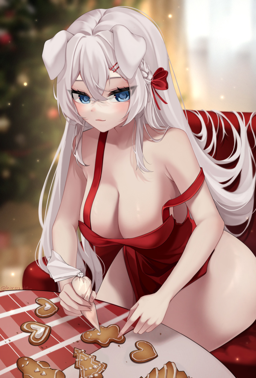 1girl animal_ears apron bangs blonde_hair blue_eyes blurry blurry_background blush breasts christmas cleavage cookie dog_ears food hair_between_eyes highres hiroside large_breasts looking_at_viewer naked_apron solo virtual_youtuber vyugen white_hair yuniiho_(vtuber)