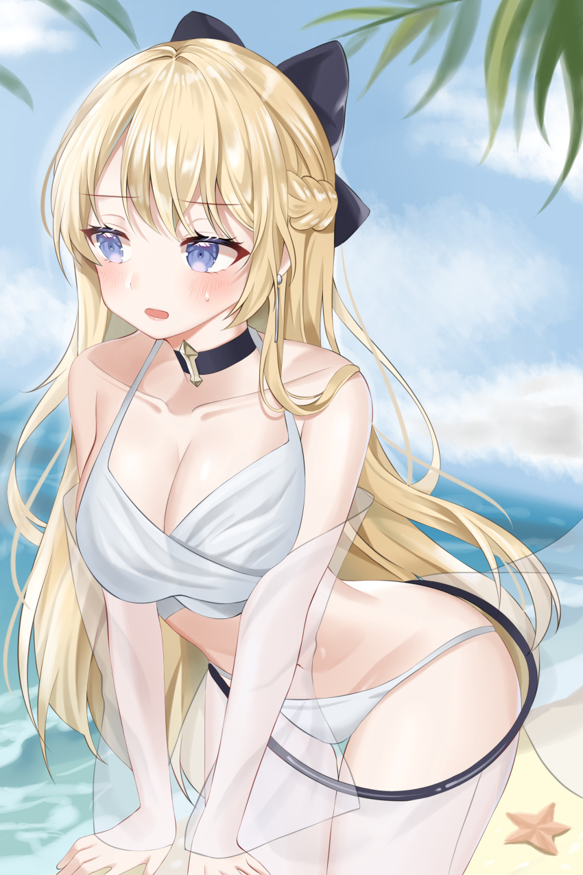 1girl absurdres bangs beach bikini blonde_hair blue_eyes blush bow choker commission detached_sleeves earrings hair_bow halterneck highres jewelry kaho_oco leaning_forward long_hair looking_away looking_to_the_side navel open_mouth original sand see-through see-through_skirt see-through_sleeves skirt solo starfish swimsuit tree very_long_hair