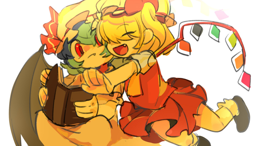 2girls bambootea bat_wings black_footwear black_wings blonde_hair blue_hair book chinese_commentary closed_eyes closed_mouth commentary_request dress fang flandre_scarlet glomp happy hat hat_ribbon highres holding holding_book hug miniskirt mob_cap multiple_girls open_mouth pleated_skirt red_eyes red_ribbon red_shirt red_skirt remilia_scarlet ribbon shirt short_hair siblings side_ponytail simple_background sisters sketch skirt smile socks touhou white_background white_dress white_headwear white_shirt white_socks wings