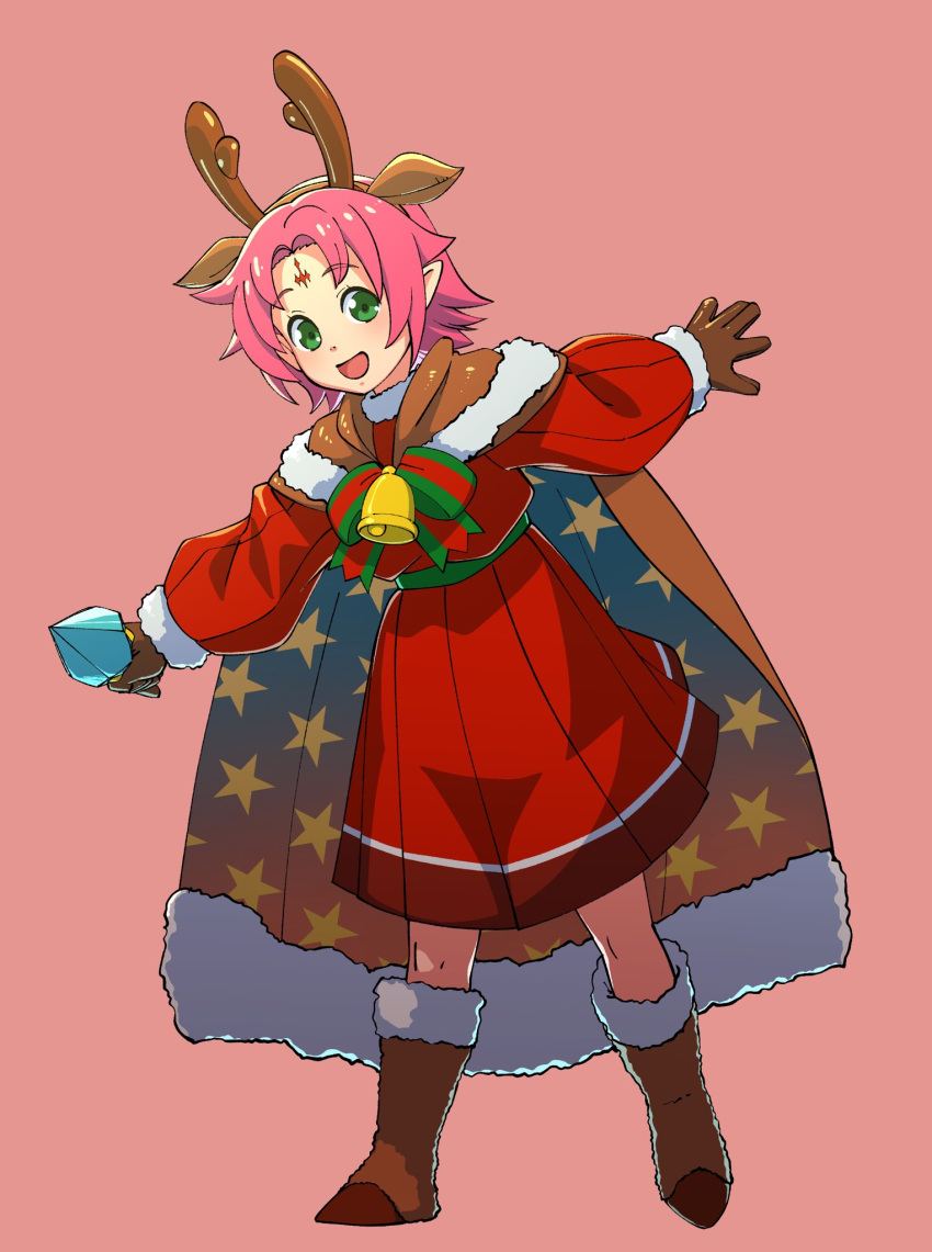 1girl :d aduti_momoyama animal_ears antlers bell boots brown_cape brown_footwear brown_gloves brown_hairband cape christmas deer_ears dress facial_mark fae_(fire_emblem) fake_animal_ears fake_antlers fire_emblem fire_emblem:_the_binding_blade fire_emblem_heroes forehead_mark full_body fur-trimmed_boots fur-trimmed_cape fur-trimmed_footwear fur-trimmed_sleeves fur_boots fur_trim gloves green_eyes green_sash hair_intakes hairband highres long_sleeves official_alternate_costume open_mouth pink_background pink_hair pointy_ears print_cape puffy_long_sleeves puffy_sleeves red_dress reindeer_antlers sash short_hair simple_background smile solo star_(symbol) star_print