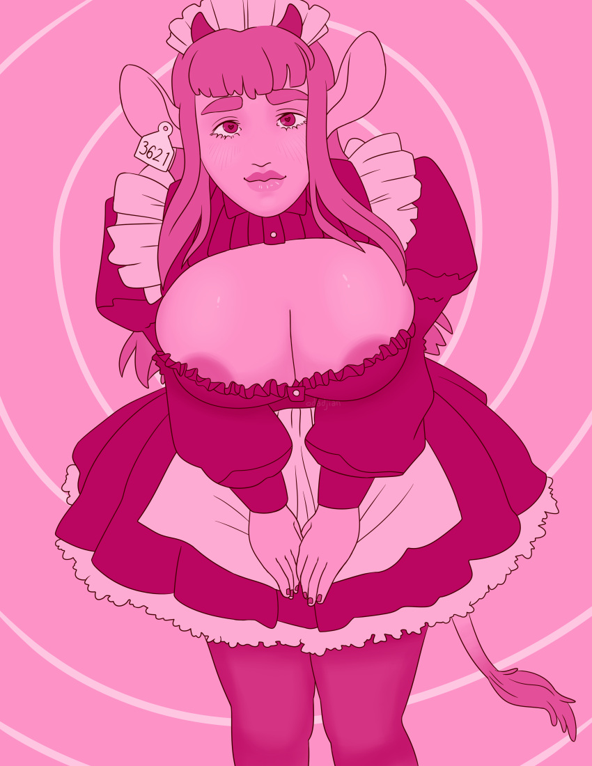 &lt;3 &lt;3_eyes 4_fingers absurd_res animal_humanoid areola bangs big_areola big_breasts blush blush_lines bovid bovid_humanoid bovine bovine_humanoid breasts clothed clothing colored_nails ear_tag female female_focus fingers hair hi_res horn horned_humanoid humanoid long_hair looking_at_viewer maid_uniform mammal mammal_humanoid nails odadjian partially_clothed pink_areola pink_body pink_hair simple_background smile smiling_at_viewer solo uniform