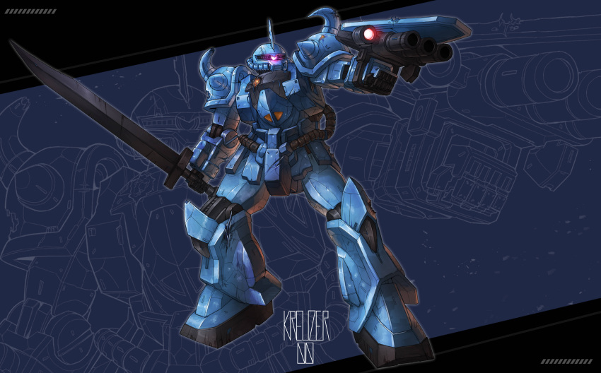 absurdres aiming arm_cannon artist_name bullet_hole clenched_hand commission crack full_body glowing glowing_eye gouf gun gundam highres holding holding_gun holding_sword holding_weapon horns kreuzer_00 mecha mobile_suit mobile_suit_gundam no_humans one-eyed purple_eyes robot science_fiction shoulder_spikes single_horn spikes standing sword weapon zoom_layer
