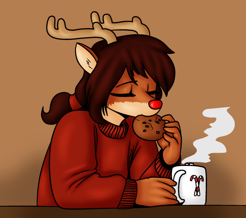 2022 anthro antlers beverage brown_background candy capreoline chocolate clothed clothing color_edit colored cookie deer dessert digital_media_(artwork) eating edit eyes_closed female food fur hair hi_res horn hot_chocolate linkido mammal mug ponytail red_clothing red_nose red_sweater red_topwear reindeer rue_(the-minuscule-task) simple_background solo steam sweater the-minuscule-task topwear