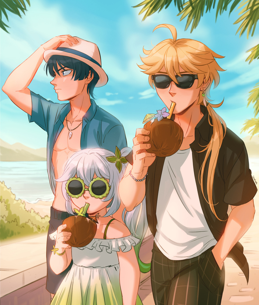 1girl 2boys aether_(genshin_impact) ahoge alternate_costume bare_shoulders beach black_shirt black_shorts blonde_hair blue_hair blue_shirt blunt_ends bracelet casual chalseu cocktail_umbrella coconut_cup collared_shirt cowboy_shot cup dress drinking drinking_straw earrings flower-shaped_eyewear flower_in_drink frilled_dress frills genshin_impact gradient_dress green-framed_eyewear green_dress grey_hair hair_between_eyes hair_ornament hair_over_shoulder hand_in_pocket hand_on_own_head hat highres holding holding_clothes holding_cup holding_hat jewelry leaf_hair_ornament long_hair looking_to_the_side low_ponytail multiple_boys nahida_(genshin_impact) necklace off-shoulder_dress off_shoulder open_clothes open_shirt outdoors pants plaid plaid_pants scaramouche_(genshin_impact) shirt shirt_under_shirt short_hair short_hair_with_long_locks short_sleeves shorts side_ponytail sidelocks single_earring sunglasses tree walking white_dress white_shirt