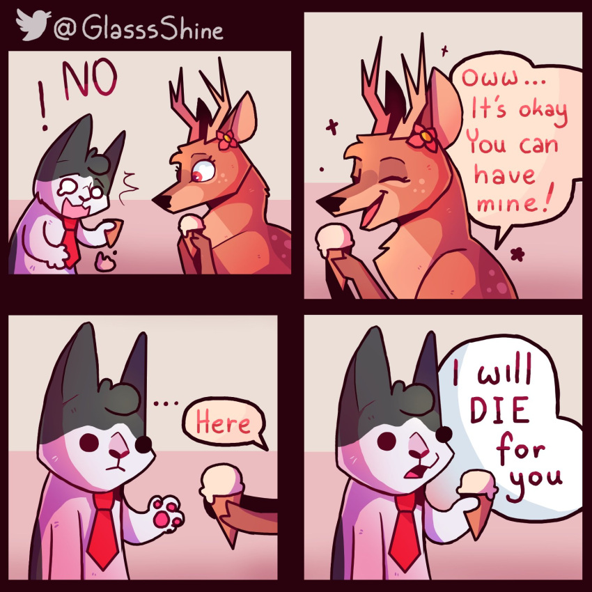 antlers comic deer dessert dialogue duo english_text felid feline food fur glassshine hi_res holding_object horn ice_cream ice_cream_cone mammal necktie simple_eyes steve_(glassshine) text white_body white_fur