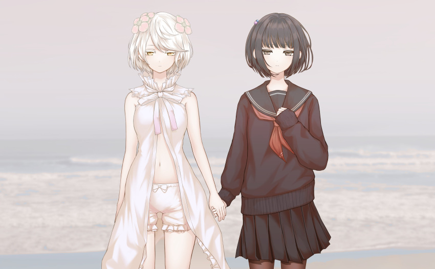 2girls absurdres amemori_sayo babydoll beach black_eyes black_hair black_sailor_collar black_serafuku black_skirt bloomers commentary cowboy_shot expressionless flower frills grey_sky hair_bobbles hair_flower hair_ornament hand_on_own_chest highres holding_hands kudou_chitose kushinaka looking_at_viewer multiple_girls navel neck_ribbon neckerchief nijisanji ocean outdoors pantyhose pink_flower pleated_skirt red_neckerchief ribbon sailor_collar school_uniform serafuku short_hair skirt sky sleeves_past_wrists underwear virtual_youtuber white_babydoll white_bloomers white_hair yellow_eyes