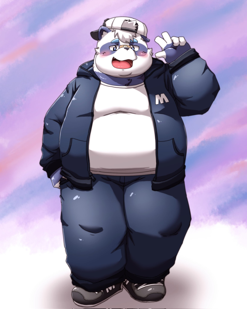 2022 anthro bear black_nose blush bottomwear clothing debudave_12 giant_panda hat headgear headwear hi_res hoodie humanoid_hands kemono male mammal overweight overweight_male pants shirt solo topwear white_body