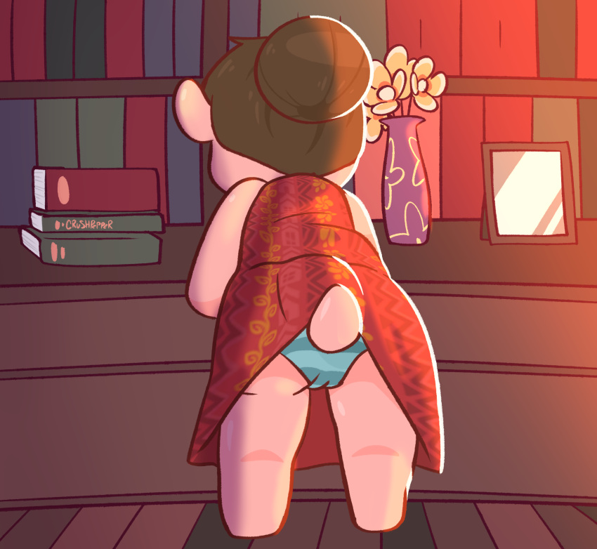 animal_crossing bent_over brown_hair clothing crushpepper detailed_background female hair hair_bun hi_res lottie_(animal_crossing) mammal mustelid nintendo otter panties panty_peek panty_shot pink_body raised_tail tagme underwear video_games