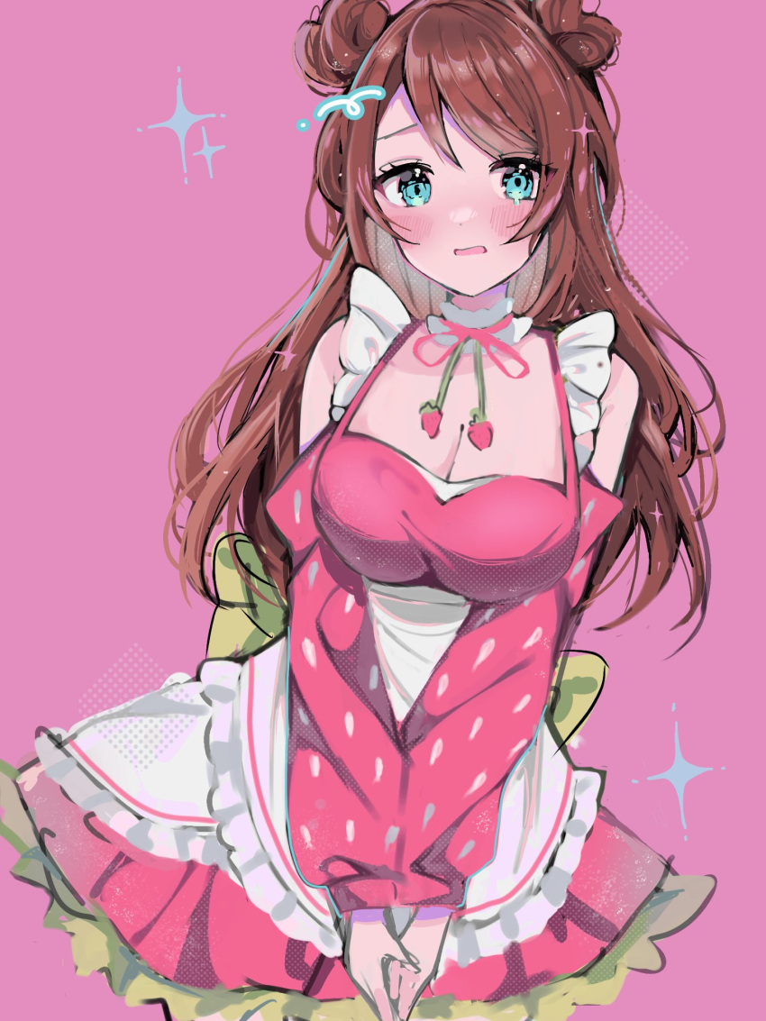 1girl apron bangs blush breasts brown_hair cleavage double_bun dress embarrassed emirichu_(character) food_print green_eyes hair_bun highres indie_virtual_youtuber large_breasts long_hair long_sleeves maid_apron moenaomii moenaomii_(artist) own_hands_together simple_background solo standing strawberry_print virtual_youtuber