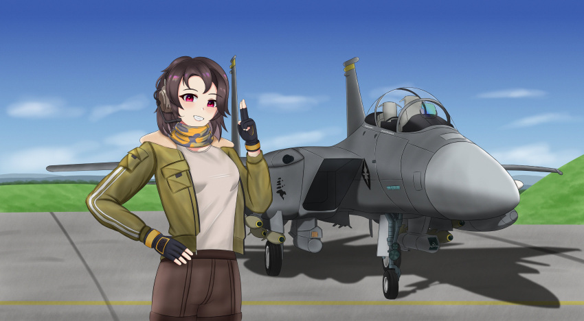 1girl absurdres aircraft airplane blue_sky bomb bomber_jacket brown_hair brown_shorts cloud earhart_(girls'_frontline_nc) explosive f-15_eagle fighter_jet fingerless_gloves girls'_frontline_neural_cloud gloves grass green_jacket grey_shirt headset highres jacket jet looking_at_viewer military military_vehicle red_eyes runway scarf shirt short_shorts shorts sky solo undercoder