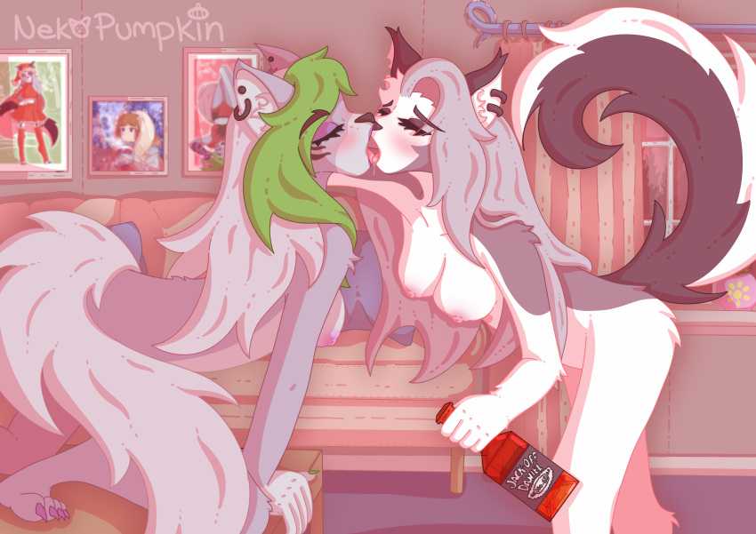absurd_res alcohol alcoholic_drink anthro beverage blush bodily_fluids breasts canid canid_demon canine canis collarbone colored_nails curtains curtains_open demon drooling drunk duo ear_piercing eyes_closed female female/female five_nights_at_freddy's five_nights_at_freddy's:_security_breach fur fur_markings furniture green_hair grey_body grey_fur grey_hair hair hellhound helluva_boss hi_res kissing loona_(helluva_boss) makeup making_out mammal markings nails nekopumpkin nipples nude piercing pillow pink_nipples plant_pot purple_body purple_fur purple_nipples roxanne_wolf_(fnaf) saliva scottgames sloppy_kiss sofa substance_intoxication table tentacles tongue tongue_out video_games white_body white_fur window wolf
