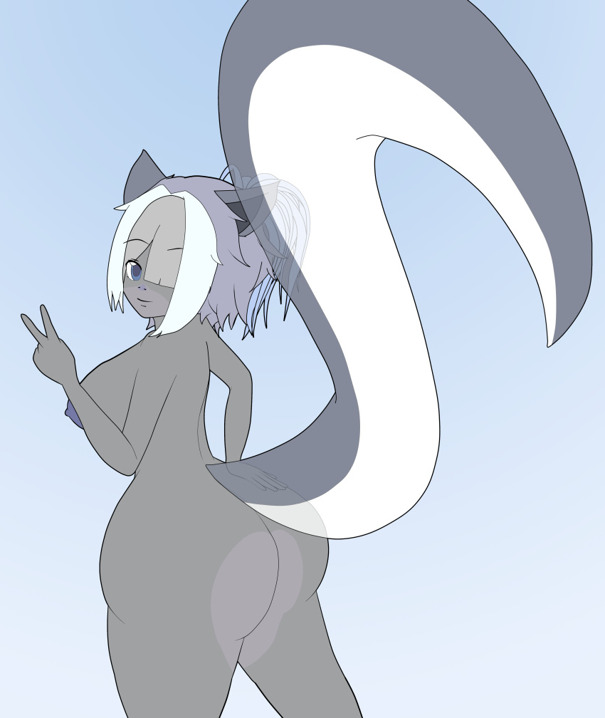 absurd_res alternate_version_at_source anthro big_butt blue_hair butt cute_expression duo elizabeth_(mrschllyay) erect_nipples felid feline female fur gesture grey_body grey_fur hair hair_over_eye hi_res huge_butt hybrid mammal mephitid mrschllyay nipples nude one_eye_obstructed skunk solo thick_tail v_sign wide_hips