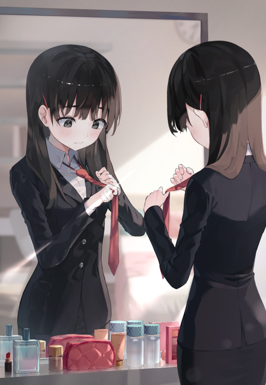 1girl bangs black_eyes black_hair black_skirt black_suit bottle collared_shirt commentary cosmetics dress_shirt dustea formal from_behind glass_bottle hair_behind_ear hair_ornament hair_over_shoulder hairpin highres indoors long_hair long_sleeves looking_at_mirror looking_at_object looking_down mirror original pencil_skirt perfume_(cosmetics) perfume_bottle red_lipstick_tube red_tie reflection shirt skirt solo suit suit_jacket sunlight tying_tie upper_body white_shirt