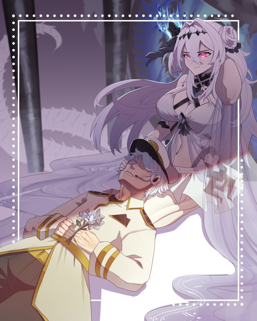 1boy 1girl absurdres azur_lane black_pants black_ribbon breasts cleavage coat commander_(azur_lane) diamond_(shape) earpiece english_commentary glowing glowing_eyes grey_hair hair_between_eyes hair_ribbon hat highres lap_pillow large_breasts long_hair long_sleeves lying military military_uniform najashi on_back pants peaked_cap purple_eyes ribbon see-through short_hair siren_(azur_lane) siren_empress_(azur_lane) uniform white_coat white_hair white_headwear