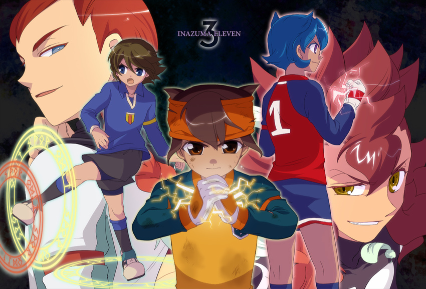 blue_hair brown_hair desuta endou_mamoru fideo_aldena gloves glowing headband inazuma_eleven inazuma_eleven_(series) kick kicking magic_circle male male_focus rococo_urupa short_hair sparks thane