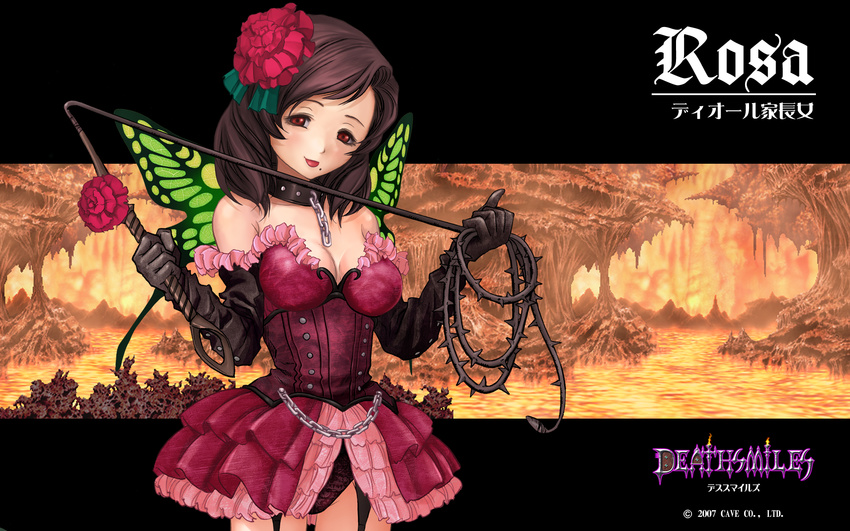 1girl brown_hair butterfly_wings cave_(developer) chain chains collar deathsmiles flower garters gothic green_wings highres panties red_eyes rosa rosa_(deathsmiles) rose solo thighhighs underwear wallpaper whip wings xbox_360