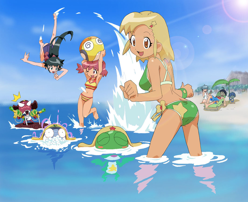 angol_mois azumaya_koyuki beach bikini dororo giroro hinata_fuyuki hinata_natsumi island keroro keroro_gunsou kururu kururu_(keroro_gunsou) nishizawa_momoka ocean swimsuit tamama water