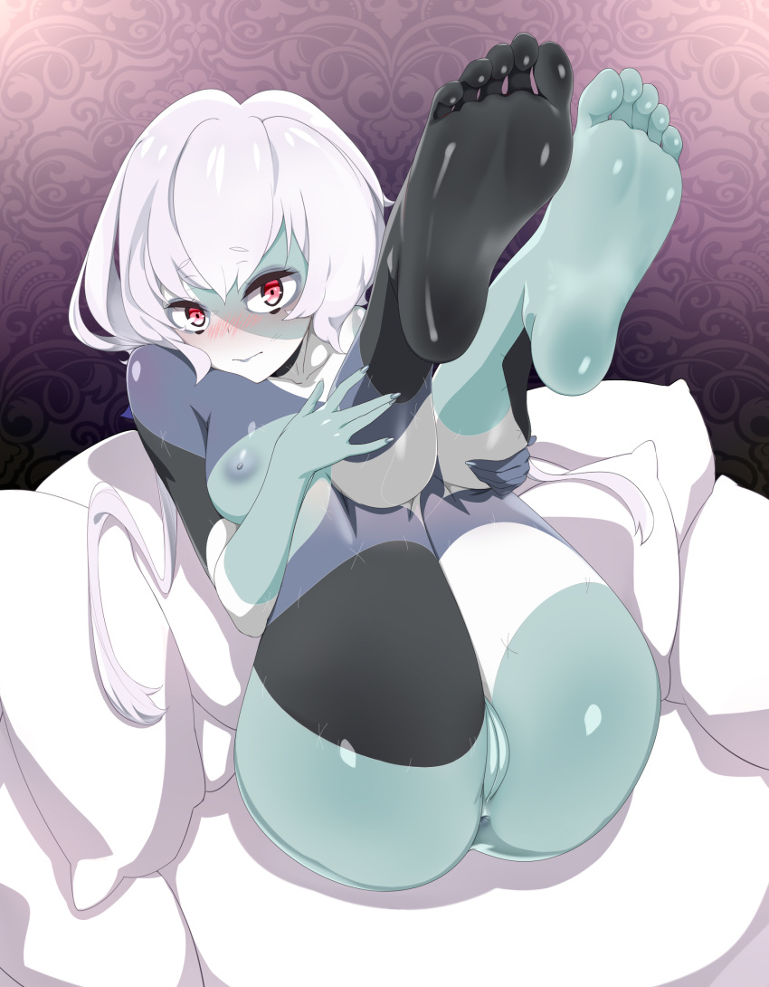 1girl ass barefoot blue_skin blush breasts feet highres konno_junko legs_up looking_at_viewer nipples nude pillow pussy red_eyes silver_hair soles toes zombie_land_saga