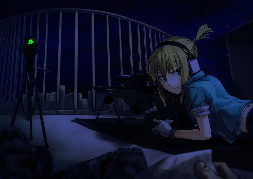 ai_arctic_warfare blonde_hair bolt_action ear_protection gloves gou_(double_trigger) green_eyes gun highres iris_(material_sniper) jacket looking_at_viewer material_sniper night non-web_source pov range_finder rifle scope shadow short_hair short_ponytail sleeves_rolled_up sniper_rifle weapon