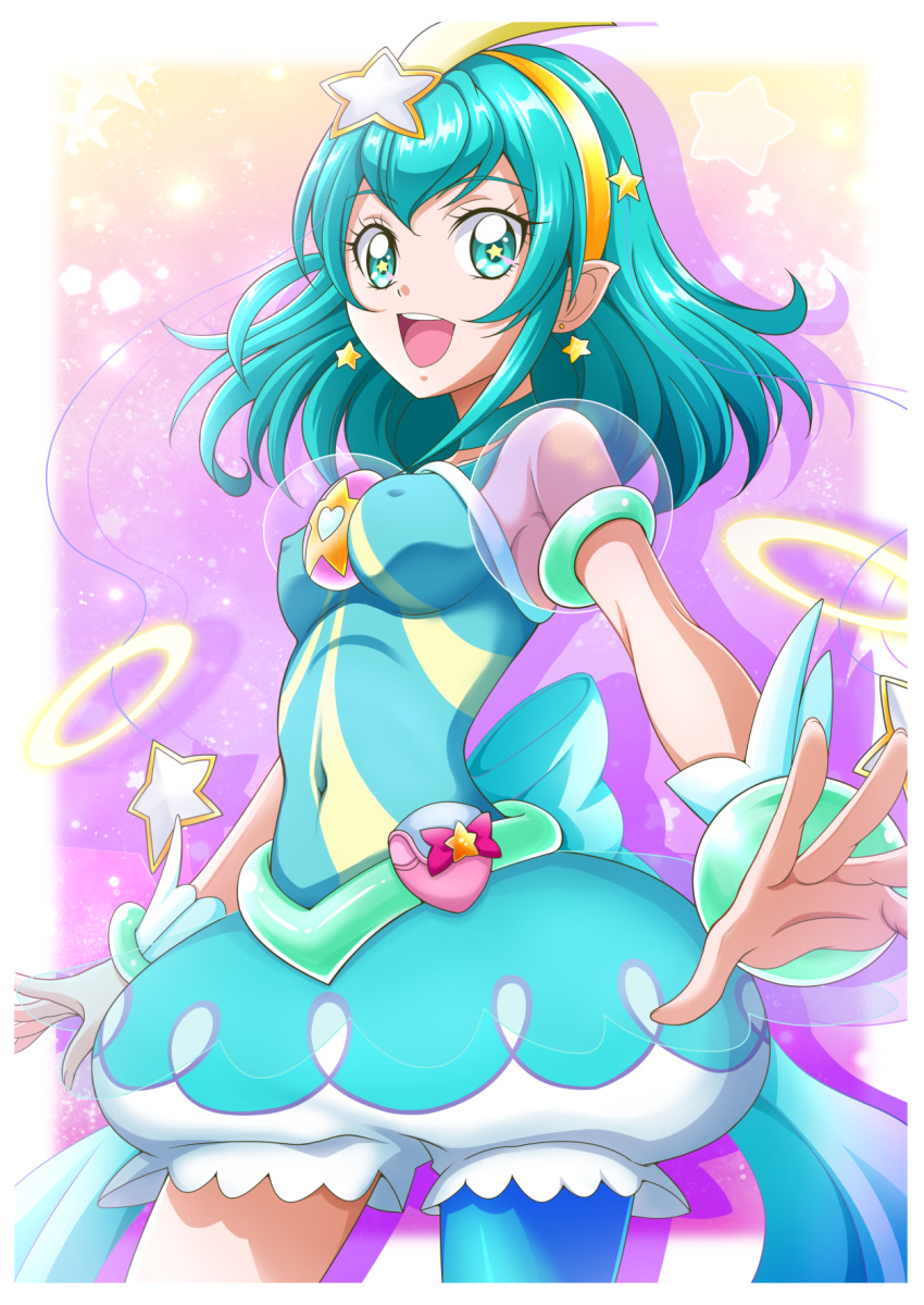 1girl alternate_breast_size aqua_choker blue_dress breasts covered_navel cure_milky dress earrings hagoromo_lala hair_ornament hairband hanzou highres jewelry open_mouth precure see-through see-through_sleeves short_sleeves single_leg_pantyhose small_breasts smile solo star_(symbol) star_color_pen star_earrings star_hair_ornament star_twinkle_precure yellow_hairband