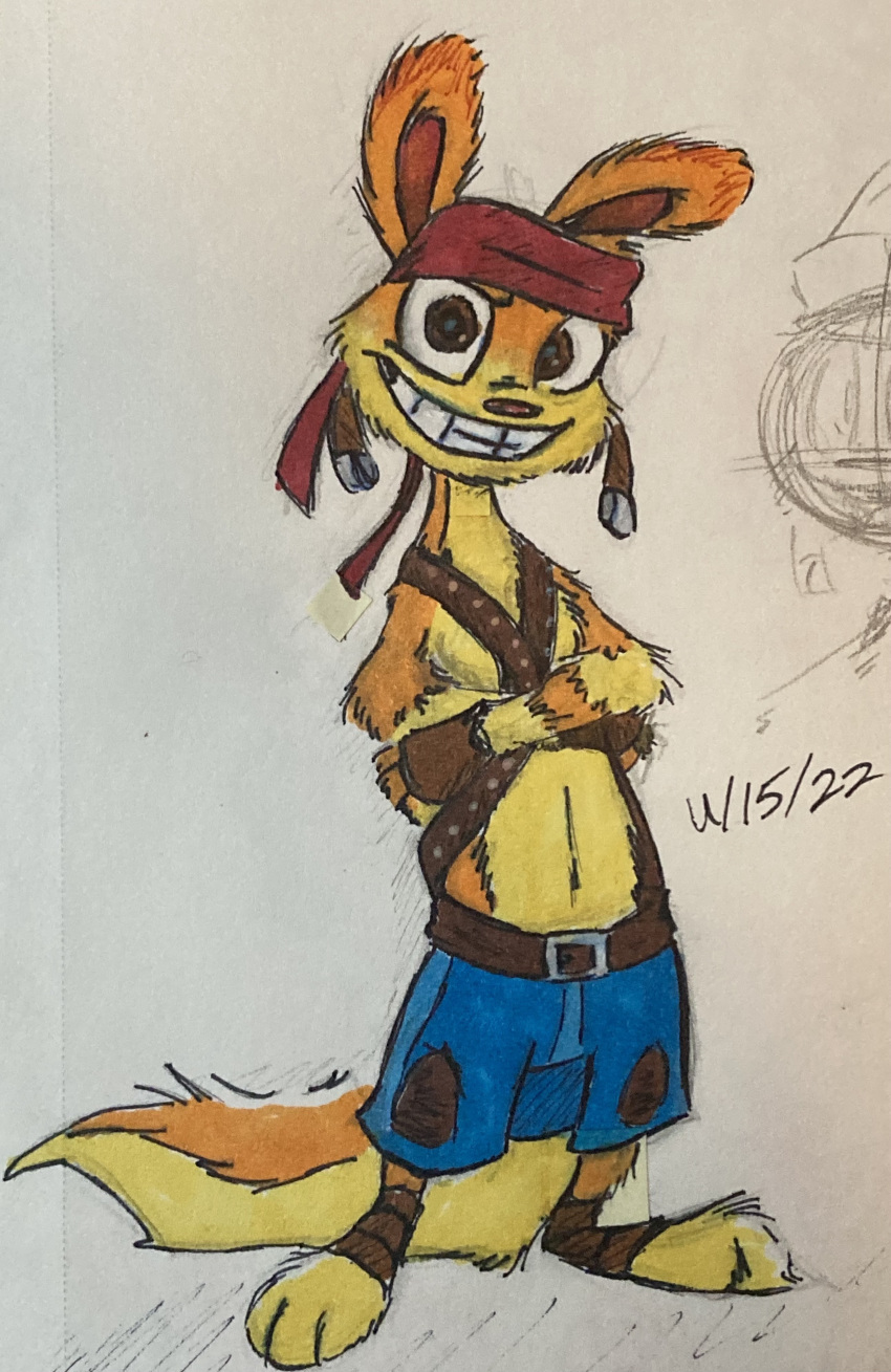 absurd_res bandanna crossed_arms daxter feral fur hi_res jak_and_daxter kerchief male mammal mischievous_smile mustelid najalatte naughty_dog orange_body orange_fur ottsel paws pose semi-anthro simple_background solo sony_corporation sony_interactive_entertainment traditional_media_(artwork) video_games white_background