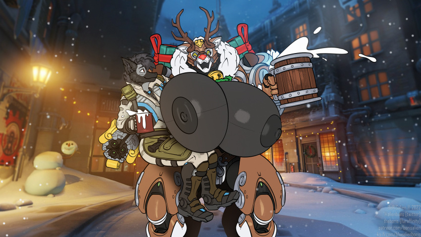 anthro antlers areola big_breasts black_areola black_body black_hair black_nipples blizzard_entertainment borisalien breasts canid canine canis clothing duo female hair hi_res holding_mug holding_object horn huge_breasts hyper hyper_breasts machine male mammal milk mug multicolored_body nipples omnic open_mouth orisa_(overwatch) overwatch red_nose reindeer_orisa_(overwatch) smile taur uniform video_games wolf