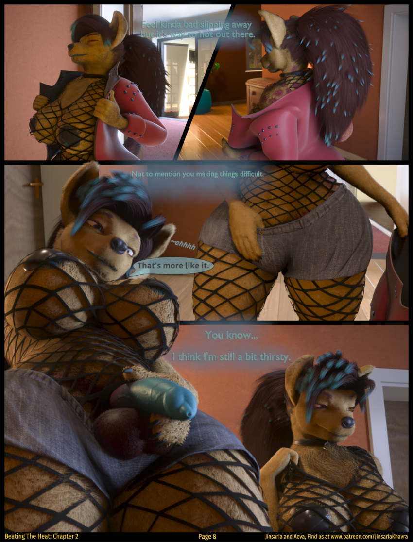 3d_(artwork) aeva_risis anthro beating_the_heat big_breasts blender_(software) blue_highlights breasts brown_body brown_fur brown_hair canid canine clothed clothing comic dialogue digital_media_(artwork) english_text fishnet fur group hair herm hi_res highlights_(coloring) humanoid hyena intersex jacket jinsariakhavra mammal pasties ponytail relieved revealing_penis solo spots spotted_body spotted_fur text topwear trio undressing