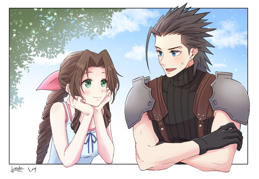 1boy 1girl aerith_gainsborough armor bangs bare_shoulders black_gloves black_hair blue_eyes blue_sky blush braid braided_ponytail brown_hair closed_mouth cloud cloudy_sky couple crisis_core_final_fantasy_vii cross_scar crossed_arms day dress earrings final_fantasy final_fantasy_vii gloves green_eyes hair_ribbon hands_on_own_chin height_difference highres jewelry kt9_ct leaf long_hair looking_at_another open_mouth outdoors parted_bangs pink_ribbon ribbon scar scar_on_cheek scar_on_face shoulder_armor sky sleeveless sleeveless_dress smile spiked_hair sweater turtleneck turtleneck_sweater upper_body zack_fair