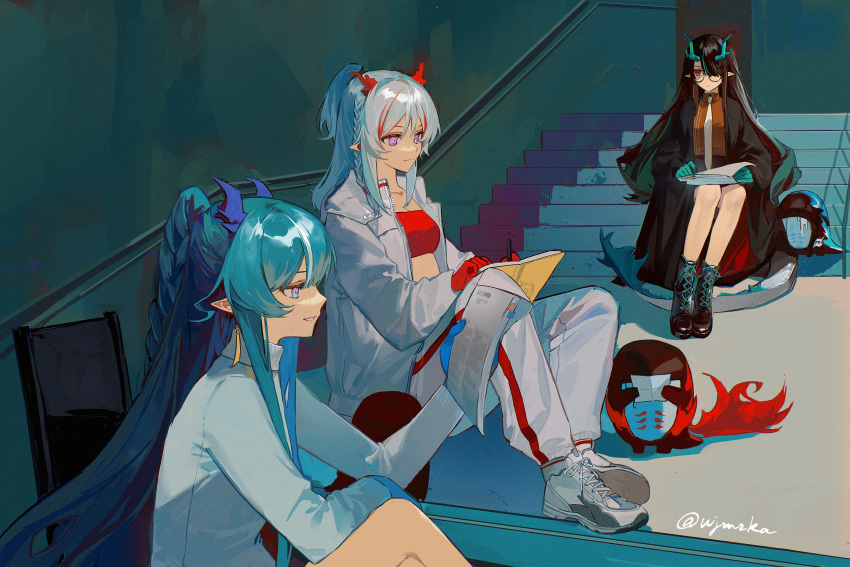 3girls arknights bitey_(arknights) black_hair blue_eyes blue_hair blue_skin braid breasts collared_shirt colored_skin dragon_girl dusk_(arknights) earrings glasses green_hair green_skin grin hair_over_one_eye highres holding holding_pen horns jacket jewelry light_smile ling_(arknights) long_hair long_sleeves medium_breasts multicolored_hair multiple_girls necktie nian_(arknights) open_clothes open_jacket orange_shirt pants pe902 pen puffy_long_sleeves puffy_sleeves purple_eyes reading red_eyes red_hair red_skin red_tube_top shirt shoes siblings sidelocks sisters sitting sitting_on_stairs smile sneakers stairs strapless streaked_hair sweater tail tassel tassel_earrings tube_top turtleneck turtleneck_sweater twitter_username very_long_hair white_hair white_jacket white_necktie