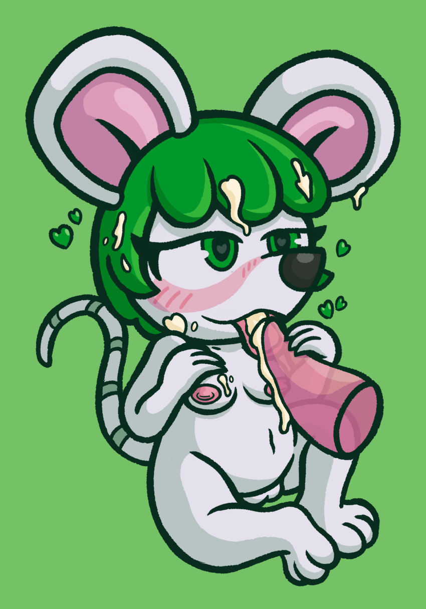 &lt;3 &lt;3_eyes absurd_res animal_crossing anthro big_ears black_nose blush blush_lines bodily_fluids breasts bree_(animal_crossing) cum cum_drip cum_in_hair cum_on_face cum_on_penis cum_on_tongue dripping fellatio genital_fluids genitals green_eyes green_hair hair hi_res mammal maskedfurry mouse murid murine navel nintendo nipples nude oral penile penis pink_nipples pussy rodent sex simple_background sitting skinny_tail slightly_chubby solo tapering_penis tongue tongue_out translucent translucent_penis video_games white_body