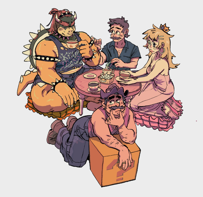 anthro bayboyzone beverage bowser clothed clothing crossed_legs dress female furniture group hat headgear headwear hi_res human kneeling koopa luigi male mammal mario mario_bros nintendo princess_peach reptile scalie shirt table tank_top topwear video_games