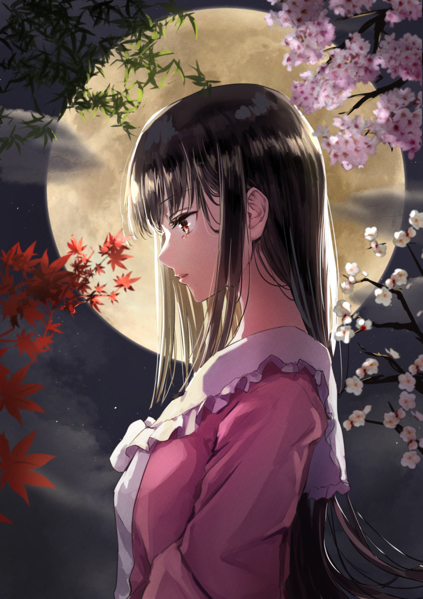 1girl black_hair brown_eyes cherry_blossoms closed_mouth from_side full_moon highres houraisan_kaguya japanese_clothes leaf long_hair long_sleeves maple_leaf moon pink_shirt shironeko_yuuki shirt sidelocks solo touhou upper_body