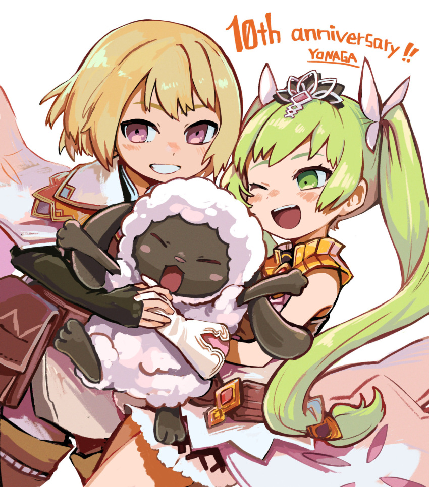 1boy 1girl animal bangs blonde_hair closed_eyes commentary_request dress frey_(rune_factory) gloves green_eyes green_hair grin headpiece highres holding_hands interlocked_fingers lest_(rune_factory) long_hair mokomoko_(rune_factory) one_eye_closed pouch rune_factory rune_factory_4 sheep signature simple_background smile teeth twintails upper_teeth_only white_background white_gloves yonaga_story