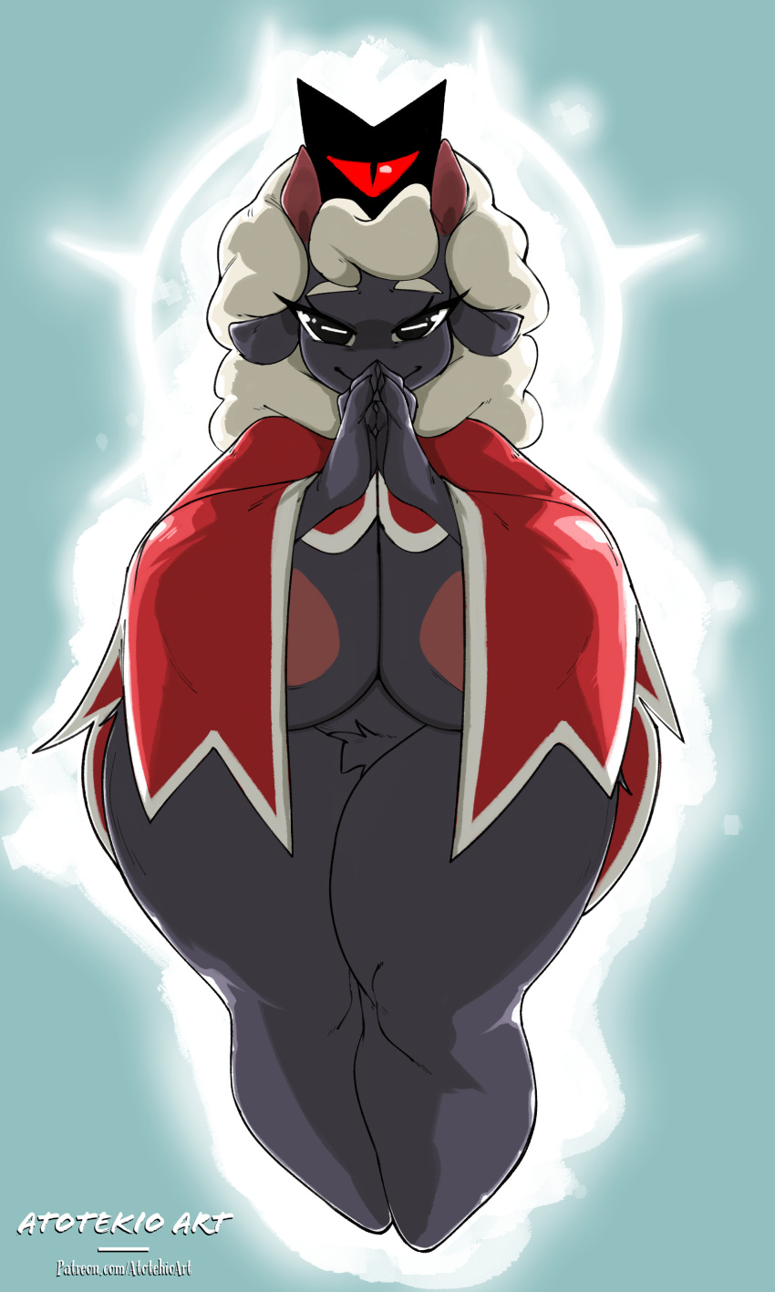absurd_res anthro areola atotekio big_breasts black_body black_eyes black_fur bovid breasts cape cape_only caprine clothing crotch_tuft cult_of_the_lamb female fur hair hi_res horizontal_pupils horn huge_breasts huge_hips lamb_(cult_of_the_lamb) mammal mostly_nude praying pupils sheep short_stack smile solo thick_thighs tuft white_hair wide_hips wool_(fur)