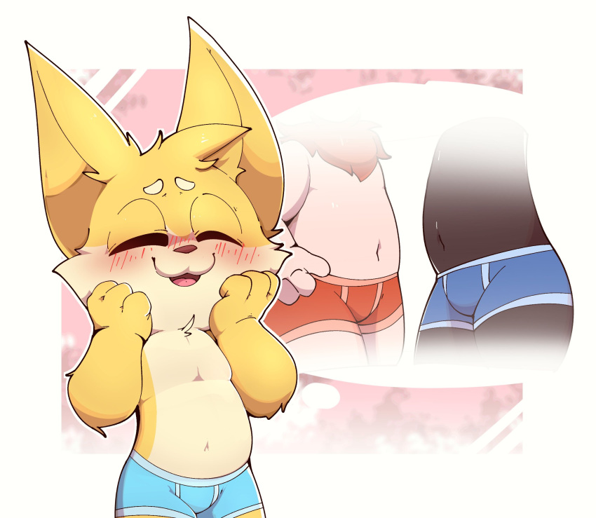 abstract_background anthro blue_boxer_briefs blush boxer_briefs boxer_briefs_only clothing countershading cutaway eyes_closed fur hi_res league_of_legends male navel neck_tuft red_boxer_briefs riot_games smile smite_(artist) smite_(character) teemo_(lol) thought_bubble tuft underwear veigar video_games white_body white_countershading yellow_body yellow_fur yordle