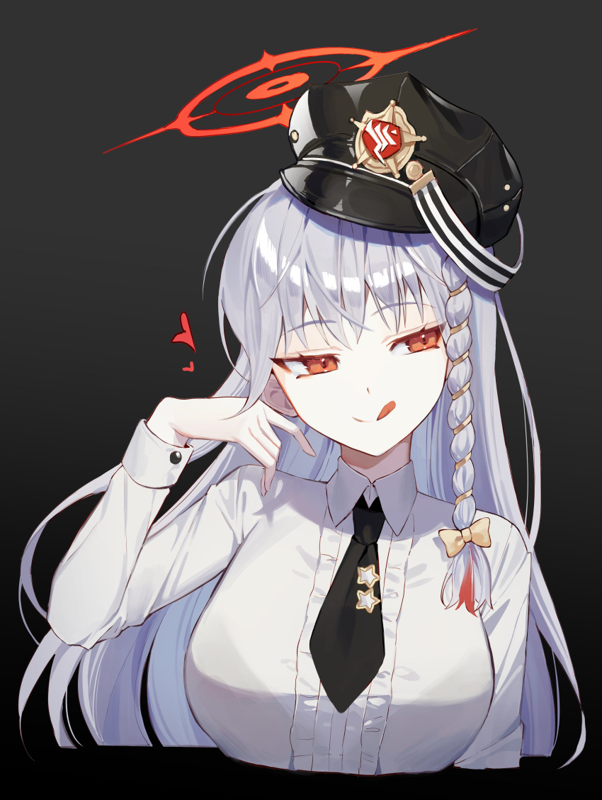 1girl :q absurdres black_necktie blue_archive bow braid collared_shirt grey_hair hair_bow halo haruna_(blue_archive) hat heart highres long_hair military_hat necktie red_eyes shirt single_braid solo tongue tongue_out white_shirt yoru_(0_0yoru)