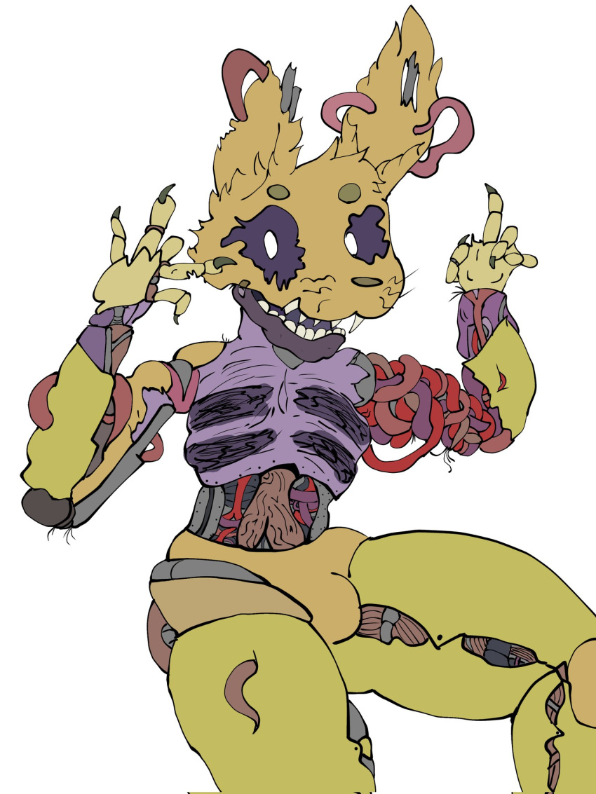 animatronic anthro bulge burntrap_(fnaf) claws clothing fangs five_nights_at_freddy's five_nights_at_freddy's:_security_breach fur gore hi_res internal lagomorph leporid machine male mammal organs purple_body purple_sclera rabbit ralseibutbigger robot scottgames solo stomach teeth thick_thighs video_games white_eyes wire yellow_body yellow_fur