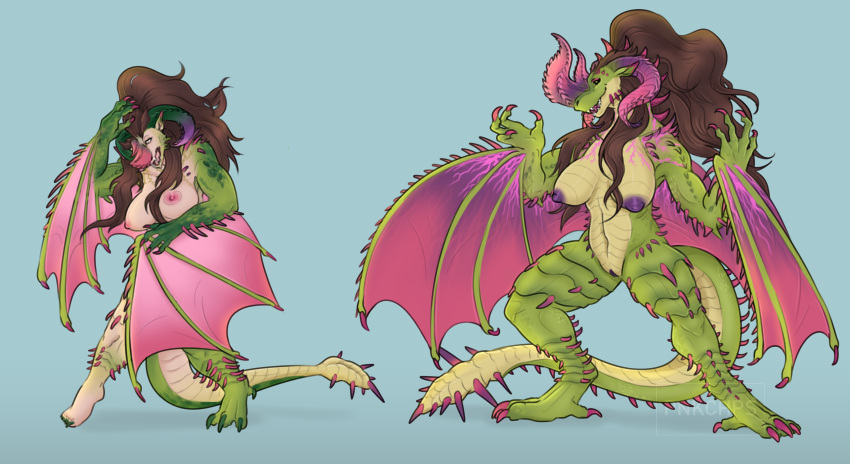 absurd_res anthro breast_expansion breasts brown_hair capcom dragon espinas expansion female flying_wyvern genitals green_body green_scales growth hair hi_res horn human human_to_anthro long_hair mammal membrane_(anatomy) membranous_wings monster_hunter non-mammal_breasts nude punkchops pussy scales scalie simple_background solo species_transformation spiked_tail spikes spikes_(anatomy) transformation video_games wings