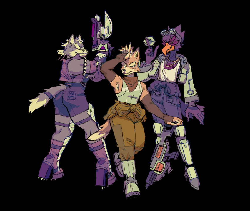 anthro armband armwear avian bayboyzone bird boots canid canine canis clothed clothing elbow_gloves eyewear falco_lombardi footwear fox fox_mccloud fur gloves goggles grey_body group gun handwear hi_res high_heels jacket male mammal nintendo pose ranged_weapon simple_background star_fox topwear trio video_games weapon white_body white_fur wolf wolf_o'donnell