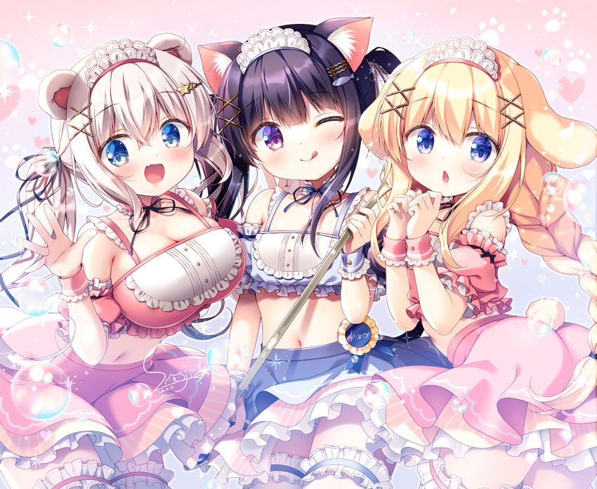 3girls :d ;q animal_ear_fluff animal_ears bangs bear_ears black_hair blonde_hair blue_eyes braid breasts bridal_garter bubble cat_ears chestnut_mouth commentary_request dog_ears fish_hair_ornament frilled_skirt frills hair_between_eyes hair_ornament hairclip highres large_breasts light_blush long_hair looking_at_viewer midriff multiple_girls navel one_eye_closed open_mouth original pink_background purple_eyes sasai_saji skirt small_breasts smile star_(symbol) star_hair_ornament tail tongue tongue_out twintails waving white_hair wrist_cuffs x_hair_ornament