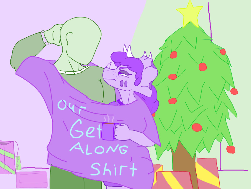 anon_(snoot_game) anthro bald ceratopsian christmas christmas_clothing christmas_present christmas_tree clothed clothing dinosaur duo english_text facial_horn featureless_face female freckles goodbye_volcano_high hair hi_res holidays horn human humor male mammal monochrome mug ornithischian plant pshy3214 reptile scalie sketch snoot_game_(fan_game) text tree triceratops trish_(gvh) video_games