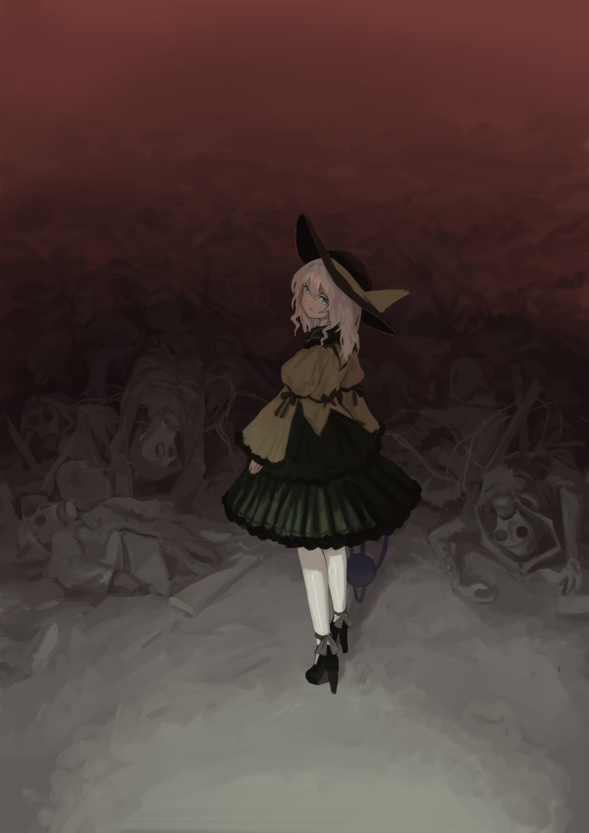 1girl absurdres ankle_ribbon aqua_eyes black_footwear black_headwear blouse closed_mouth commentary frilled_skirt frilled_sleeves frills full_body german_commentary green_skirt grey_hair grey_ribbon hair_between_eyes hat hat_ribbon high_heels highres komeiji_koishi leg_ribbon light_frown long_sleeves looking_at_viewer looking_back puffy_sleeves ribbon shirt skeleton skirt sleeves_past_wrists solo standing third_eye touhou wide_sleeves xii_yashizhongzhan yellow_ribbon yellow_shirt