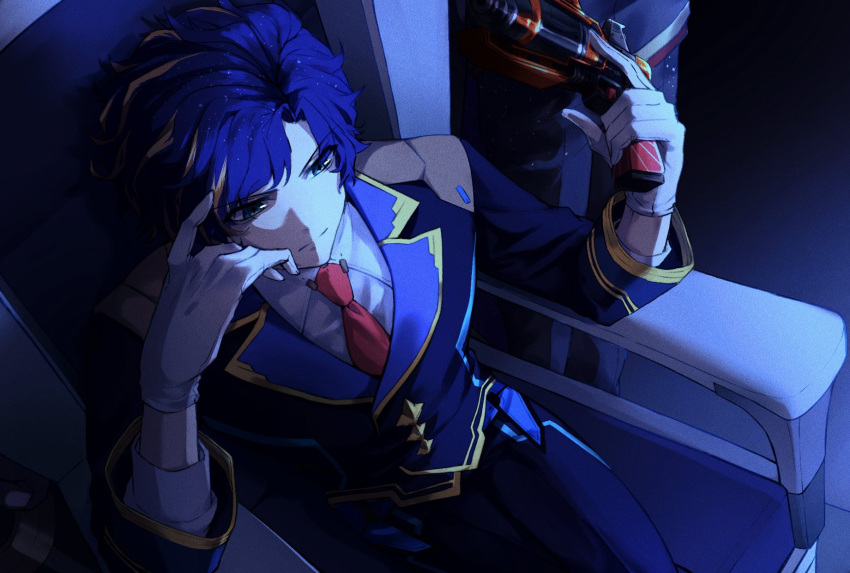 1boy akaie11 aqua_eyes armchair astel_leda bangs blonde_hair blue_hair blue_jacket blue_pants chair closed_mouth cowboy_shot curtained_hair energy_gun english_commentary gloves gun hajimari_no_kioku haruto_(hajimari_no_kioku) head_rest highres holding holding_gun holding_weapon holostars jacket looking_ahead male_focus multicolored_hair necktie out_of_frame pants red_necktie serious shirt short_hair sitting solo_focus streaked_hair swept_bangs trigger_discipline virtual_youtuber weapon white_gloves white_shirt